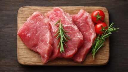 Fototapeta premium Fresh Raw Meat Slices with Green Herb Sprigs and Cherry Tomatoes on Wooden Cutting Board for Culinary and Recipe Background Use