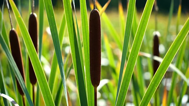 Multiple brown cattail flower spikes growing among vibrant green reeds in sunlight
