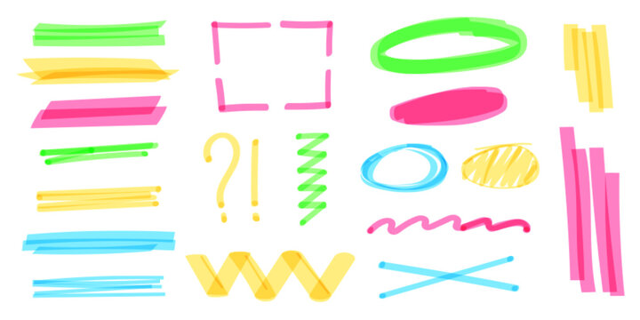 Hand drawn marker highlights and underlines, colorful pen doodle strokes, vector set isolated on white. Circles on whiteboard, question and exclamation marks for emphasis, marker texture elements
