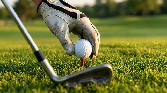 Golfer's hand in glove placing golf ball on tee with club nearby