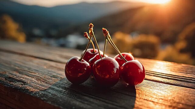 Small bunch of dark red cherries on a wooden railing with a breathtaking mountain valley sunset background and cinematic holiday lighting.