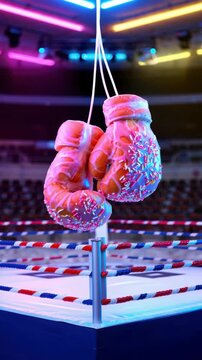 Boxing gloves made of donuts with frosting and sprinkles in a neon-lit ring, surreal mix of sport and indulgence, conceptual artwork on diet conflict and fitness temptation in modern lifestyle