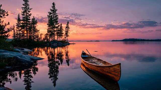 Vintage wooden canoe and paddle on a calm lake at dusk with pine silhouettes and orange sunset reflections on mirror-like water surfaces.
