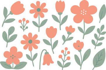 A collection of stylized, flat-design flowers and leaves in various stages of bloom and foliage.