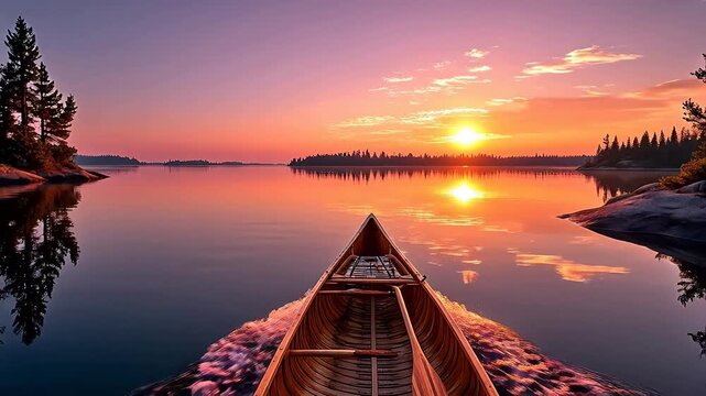 Vintage wooden canoe and paddle on a calm lake at dusk with pine silhouettes and orange sunset reflections on mirror-like water surfaces.