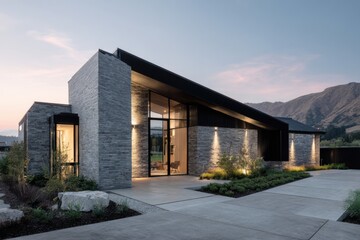 Modern house with stone walls and glass windows set against a mountain backdrop during twilight hours in a suburban area