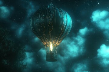 Enchanted Night Sky with Glowing Hot Air Balloon