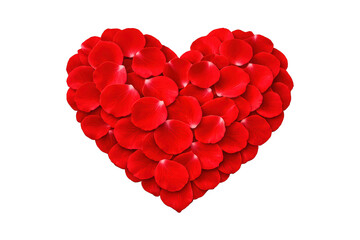 Red rose petals forming a heart shape, representing love and romantic feelings, with a transparent background