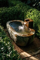 A gentle stream of water cascades from an elegant stone fountain, gracefully pouring into a serene, small pool. This tranquil setting is warmly embraced by vibrant green shrubs.