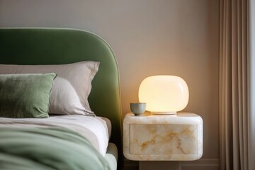 A delightful and inviting bedroom scene featuring a charming lamp perched on a nightstand, accompanied by a cozy bed adorned with fluffy pillows and a warm blanket.