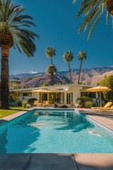 Experience the epitome of luxury living in a stunning house complete with a sparkling swimming pool and elegant palm trees in Palm Springs.