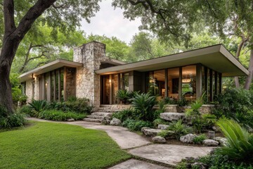 Modern house surrounded by trees and plants in a green yard with a stone pathway leading to the entrance during daylight hours