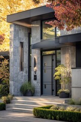 The entrance of a contemporary house features elegant gray stone complemented by vibrant green plants, beautifully illuminated by the soft afternoon light in the midst of autumn leaves