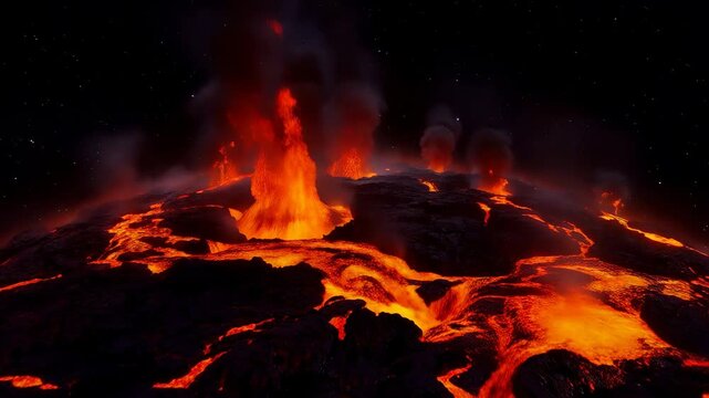 Apocalyptic view of a molten planet surface with flowing lava and rising smoke.