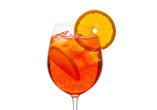 Vibrant orange cocktail in a wine glass with ice and orange slice garnish, perfect for summer parties and gatherings isolated on transparent background