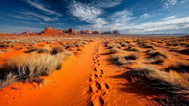 Monument Valley red sand dunes sit under a bright blue sky with a single white cloud and footprints leading into the colorful distance.