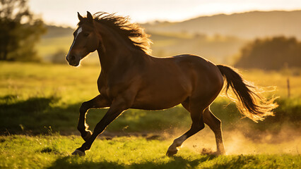 cavalry. A majestic horse gallops freely across a sunlit field, embodying energy and natural beauty. wildlife magazines, conservation campaigns, designed for eco-tourism storytelling.
