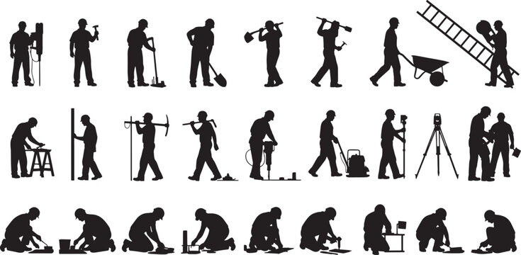 Silhouettes of construction workers performing various tasks with tools and equipment male