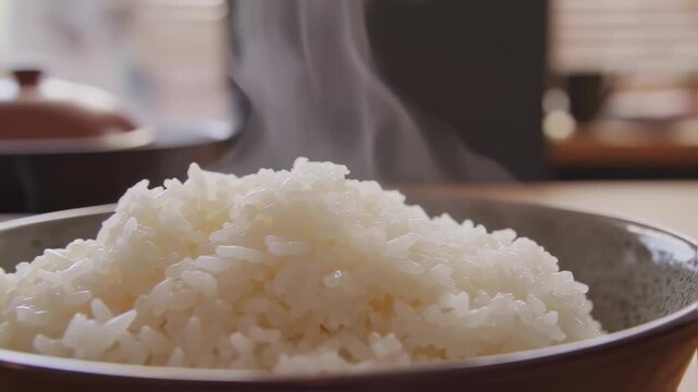 Steaming hot white rice served in a bowl, ready to eat