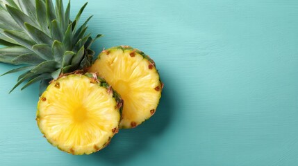 Fresh Pineapple on Aqua Background with Sliced Fruit Exposing Juicy Yellow Flesh and Green Leaves for Tropical and Exotic Food Themes