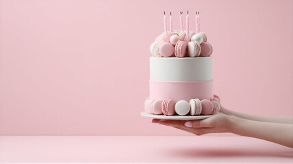 Tarta de cumplea&ntilde;os en tonos rosas con maccarons de decoraci&oacute;n. 