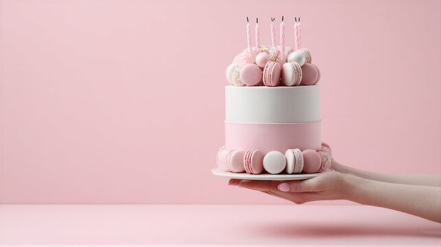 Tarta de cumplea&ntilde;os en tonos rosas con maccarons de decoraci&oacute;n. 