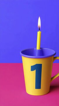Minimalist yellow birthday cup with number one single lit candle on vibrant purple background pink tabletop modern celebratory still life bright color contrast simple composition playful