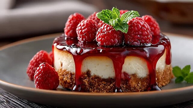 Gourmet raspberry cheesecake with thick graham cracker crust features a glossy red berry glaze and fresh plump raspberries with mint leaves.
