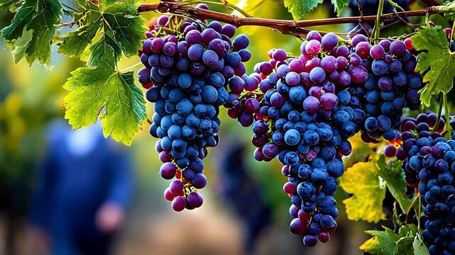 Heavy clusters of ripe purple grapes hanging from a vine in a sun-drenched vineyard with green leaves and warm summer lighting with detail.