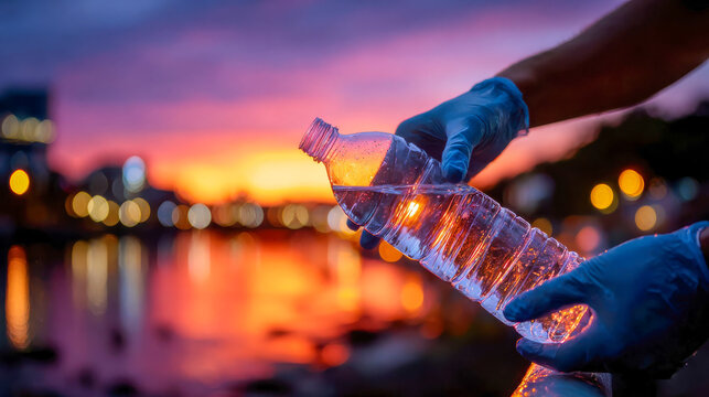 Gloved hands hold an empty plastic bottle at sunset by a city river, recycling and volunteer cleanup concept with bokeh lights
