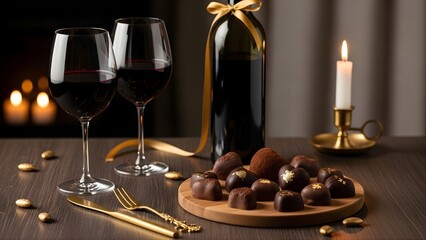 Valentine Wine and Dark Chocolate Pairing with Gold Accents, Heart-Shaped Chocolates, Moody Romantic Lighting, Elegant Gourmet Food Photography