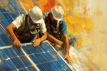 Workers Installing Solar Panels on Rooftop in Bright Light