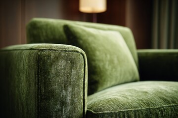 Comfortable green sofa cushion sits in a modern room with light from a lamp, showing a close view of the fabric's texture and design, inviting relaxation and comfort