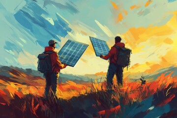 Solar Energy Innovation with Two Figures at Sunset Landscape