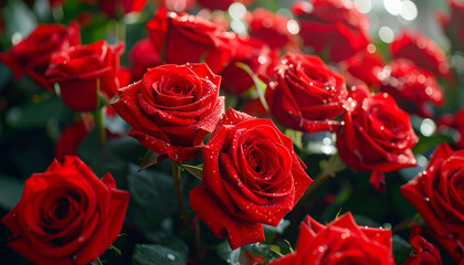 Red roses with water drops in natural garden
