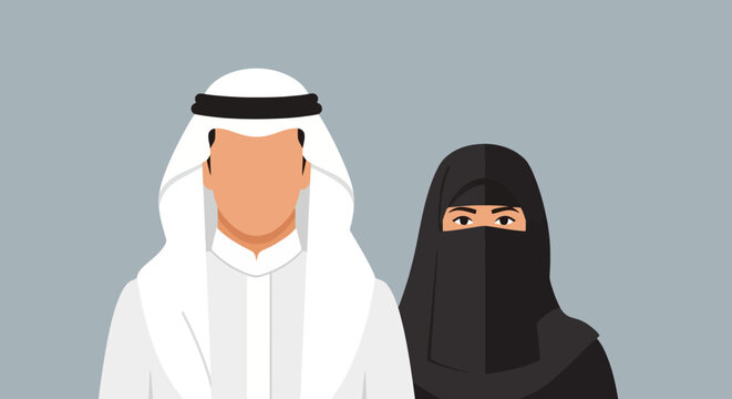 Middle Eastern Couple Traditional Clothing Flat Illustration.