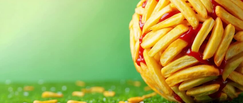 Crispy french fries ball banner with ketchup on green background, fast food snack arrangement artificial grass, creative junk food composition, potato sticks texture, salty snack closeup copy space