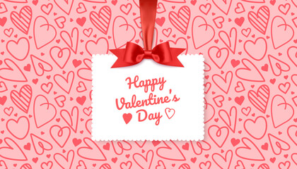 Happy Valentine's Day greeting card with place for your congratulations or wishes, on the background of a seamless pattern with hearts