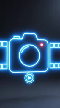 Bright neon blue camera icon with a red recording light on a dark background