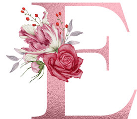 Elegant watercolor flower rose gold alphabet high resolution transparent png photo