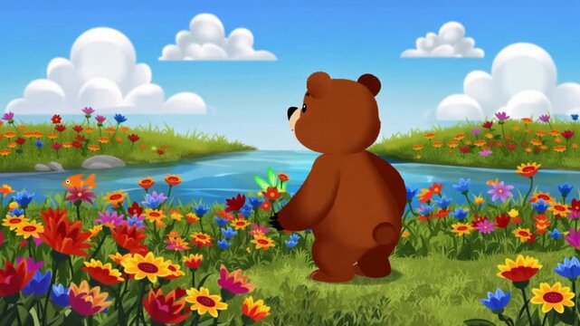 Cartoon bear dancing in a field of flowers near a river under a cloudy sky