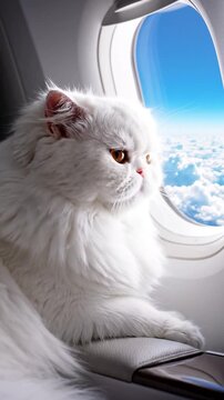 A beautiful white f cat gazes out of an airplane window at the clouds.