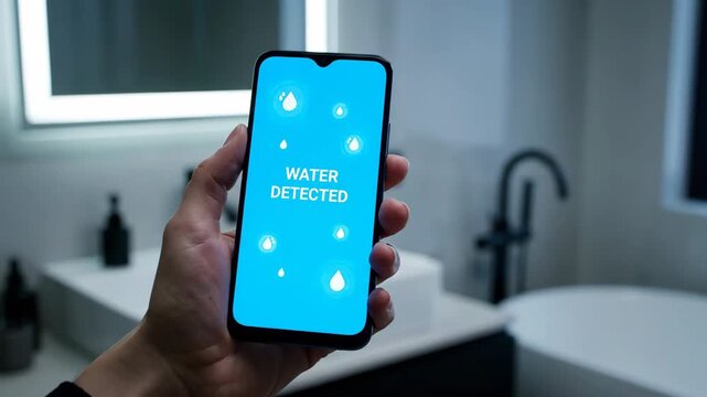 Close-up of a hand holding a smartphone with a bright blue screen displaying a 'WATER DETECTED' alert. The background shows a modern bathroom with a sink and bathtub.