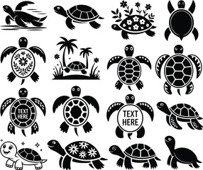 Black turtle illustrations in various styles and poses
