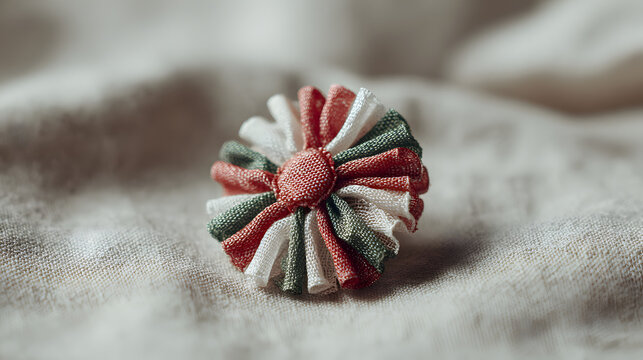 Concept of Hungary Revolution Day A beautiful, intricately folded fabric cockade, displaying the national colors of the Hungarian flag &ndash; red, white, and green