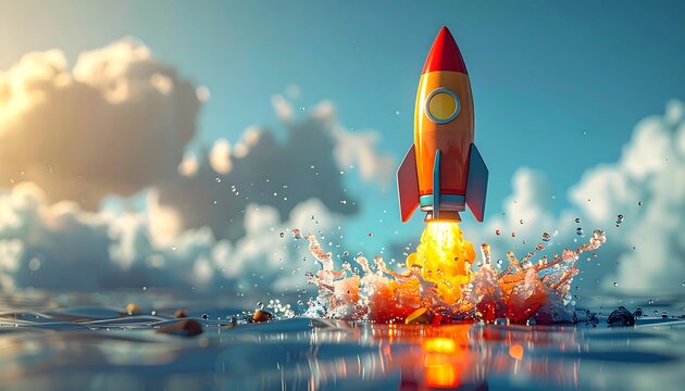 Cartoon rocket blasting off from water, leaving splash and contrails