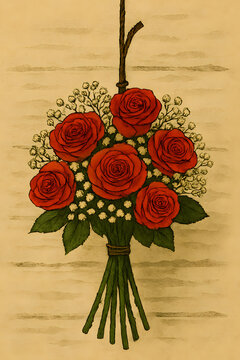 Bouquet de roses rouges &ndash; Illustration vintage suspendue avec fleurs et feuillage sur fond parchemin