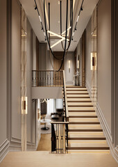 Obraz premium Symmetrical luxury staircase with wood steps, black railing and contemporary lighting. Modern classic residential interior design concept.