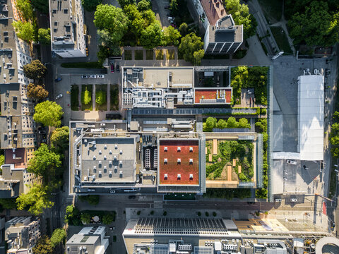 Modern eco rooftop garden of Centrum Spotkania Kultur in Lublin city, Sustainable green roof architecture of cultural center in Lublin Poland