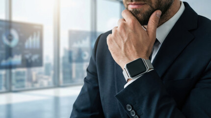 intelligence leader meeting emotional business concept. Businessman in suit with smartwatch, holding chin thoughtfully in office